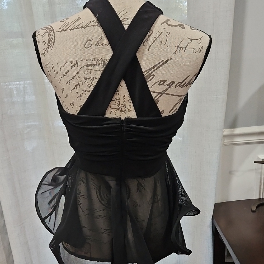 AKIRA Black Structured Mesh Detail Dressy Top - Picture 4 of 6